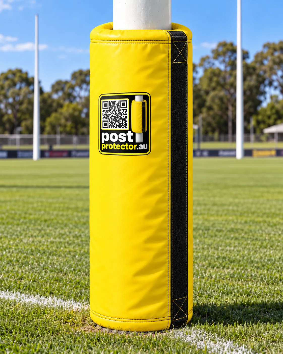 Australian football goal post fitted with a yellow Post Protector Pad