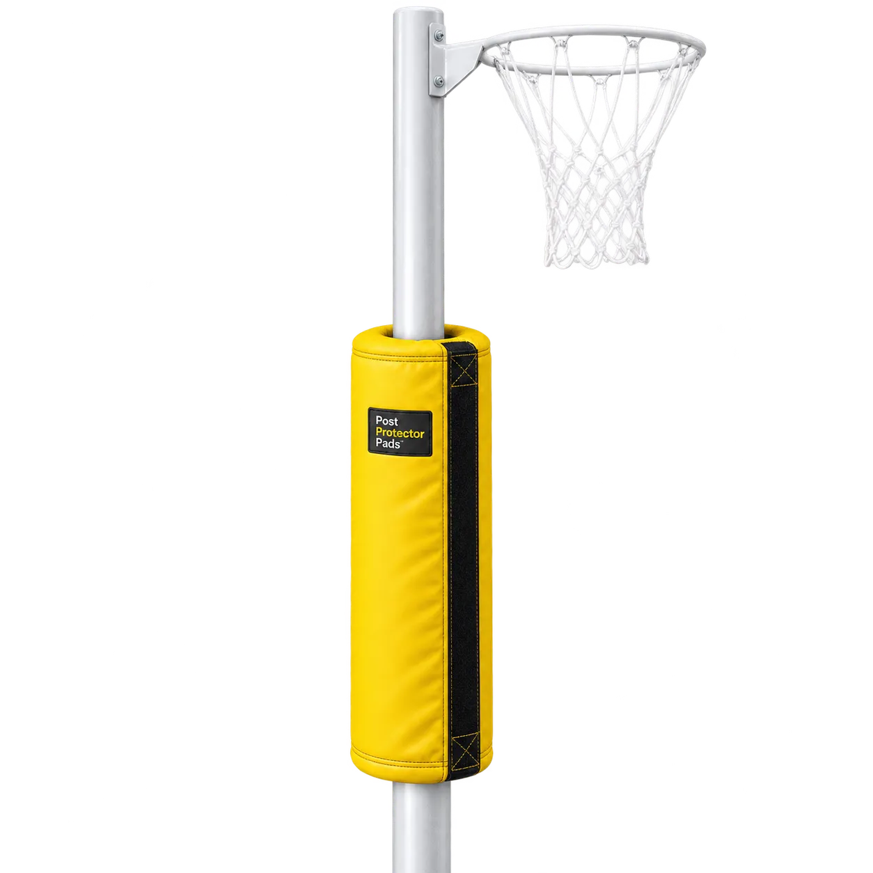 Netball goal post fitted with a yellow Post Protector Pad